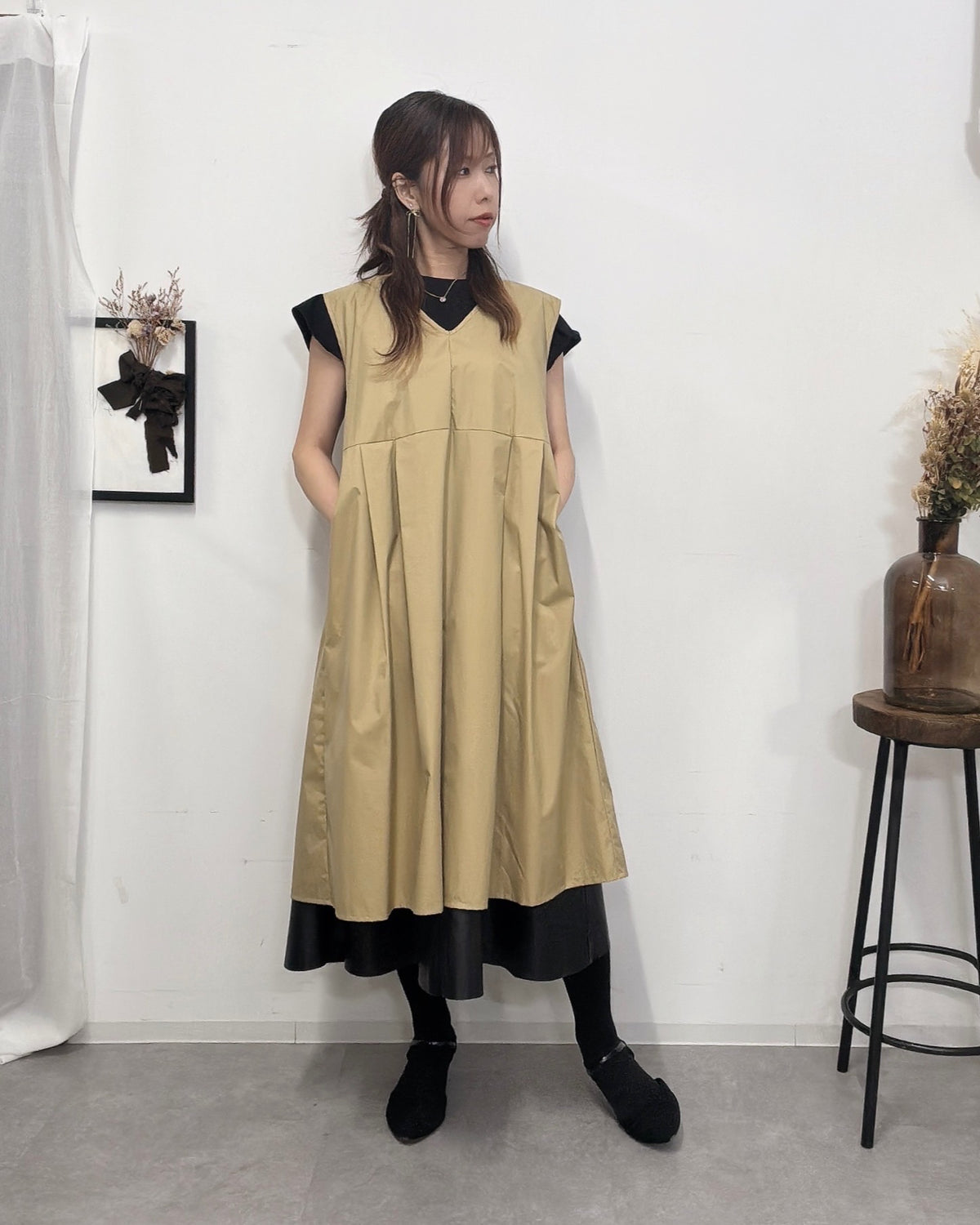 防水 ジャンスカエプロンドレス Camel