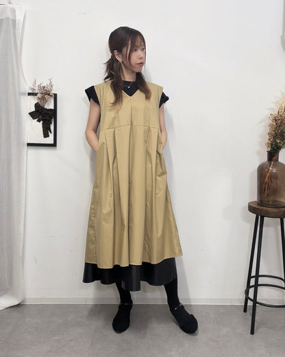 防水 ジャンスカエプロンドレス Camel