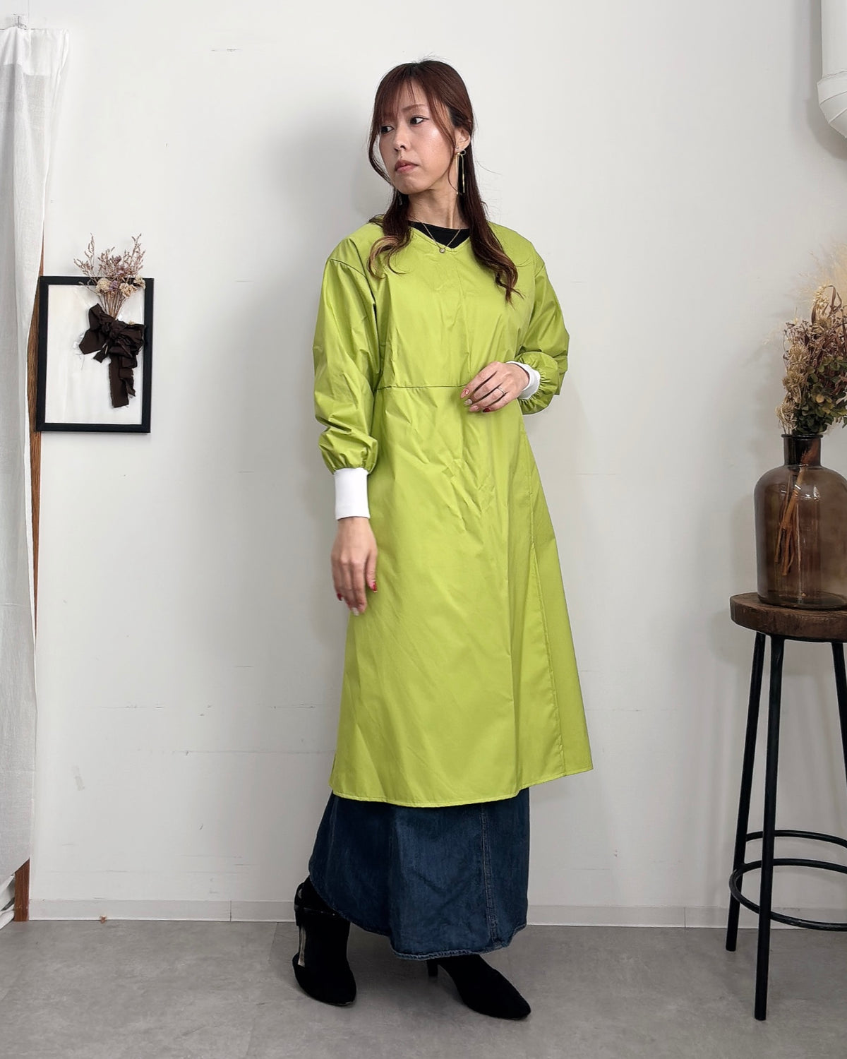 防水 長袖エプロンドレス Lime