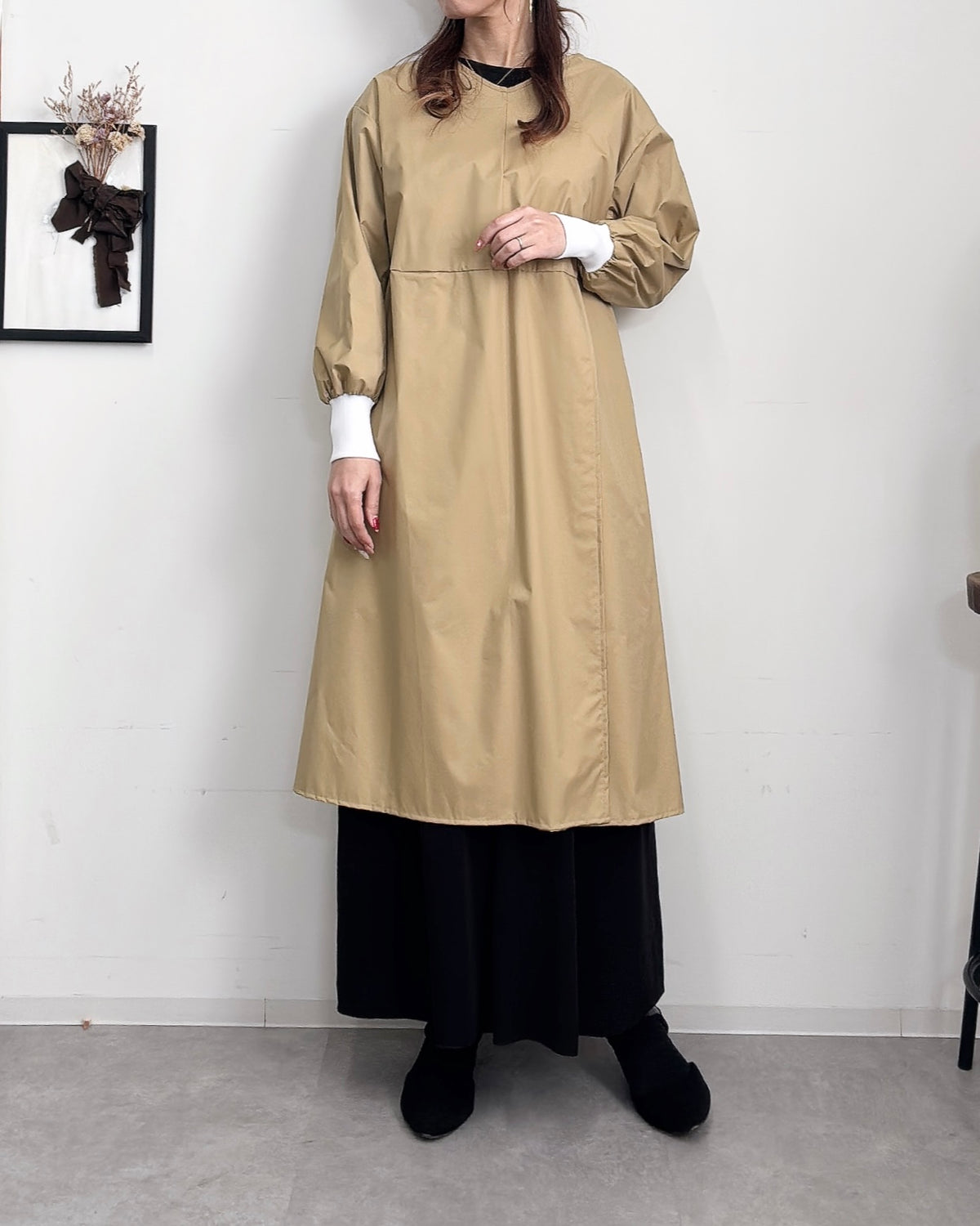 防水 長袖エプロンドレス Camel