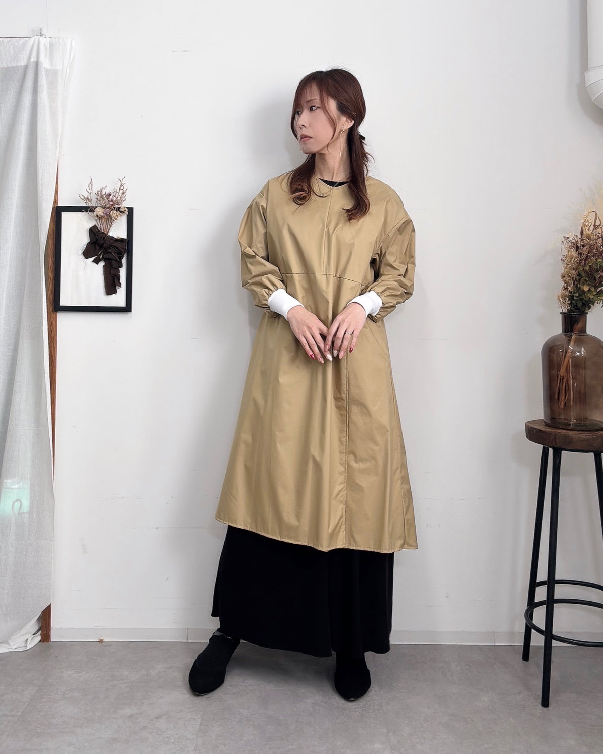 防水 長袖エプロンドレス Camel